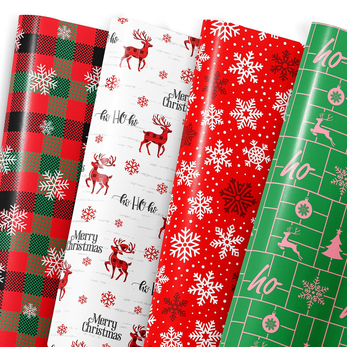 MotiGiftie Christmas Wrapping Paper for Kids Adults - Xmas Wrapping Paper with Red/Green Plaid Reindeer Snowflakes “Ho Ho” Xmas Trees - 20 x 28 Inches 12 Folded Sheets Easy to Store