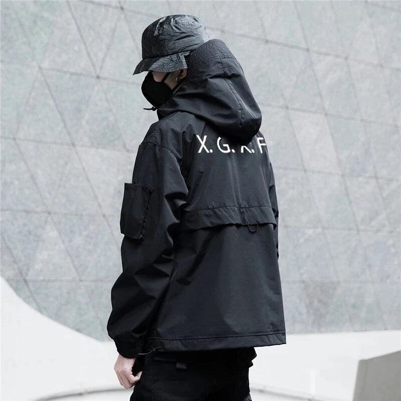 Multi-Pocket Functional Black Hooded Jacket for Men