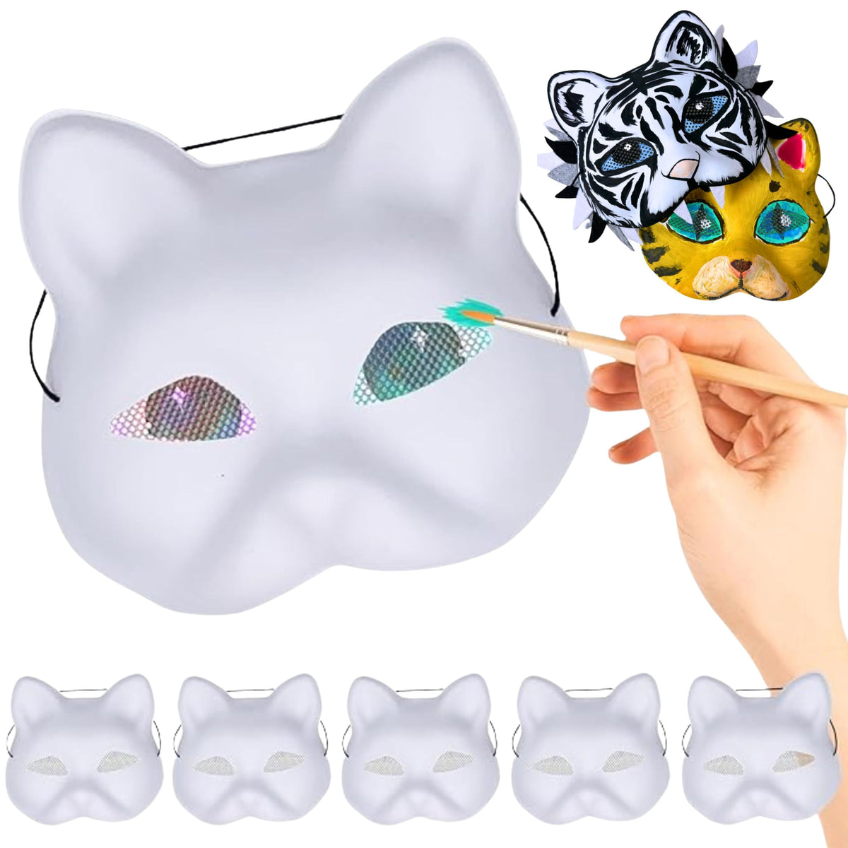 5PCS Therian Cat Mask- Eye Mesh Pre Installed Plastic Animal Mask Base to Painted DIY for Furry Masquerade Cosplay Props Costume Party