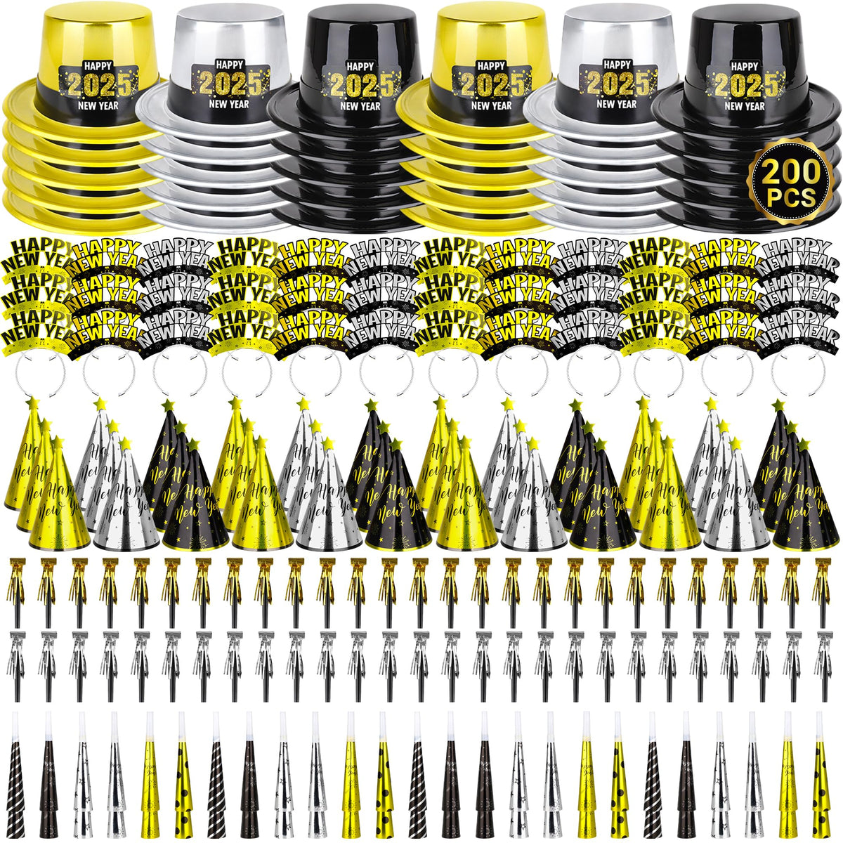 200PCS New Years Eve Party Favors 100 Guests Happy New Year Hats New Year Party Supplies Gold Silver Black Foil NYE Noise Makers Cardboard Horns Cone Hats New Year Tiara New Years Gathering