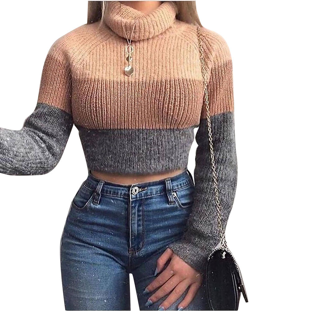 Three-Color Knit Turtleneck Sweater T-Shirt