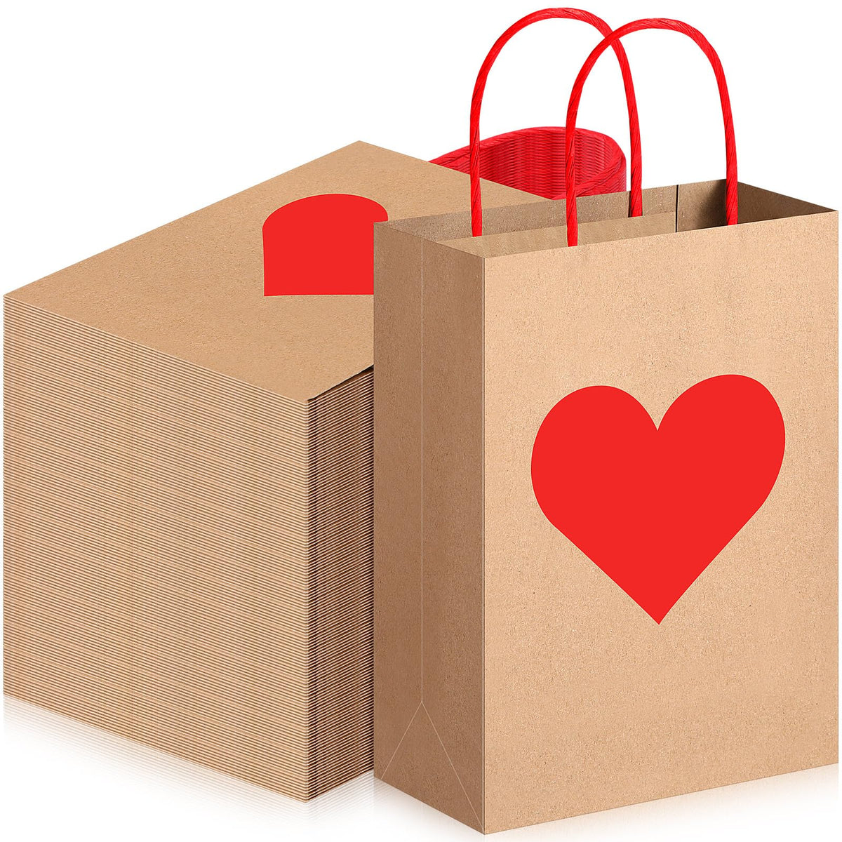 Engrowtic 150 Pcs Valentines Day Gift Bags Valentines Candy Bags Goodie Bags with Handles Paper Wrapping Kraft Bags Heart Love Paper Bags for Valentines Party Favors Valentines Gifts Packing