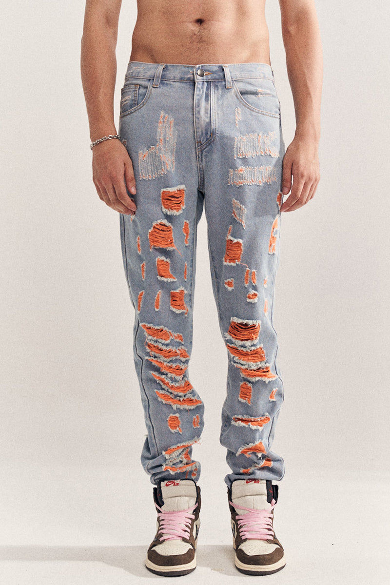 Blue Destruction Beggar Style Denim Jeans