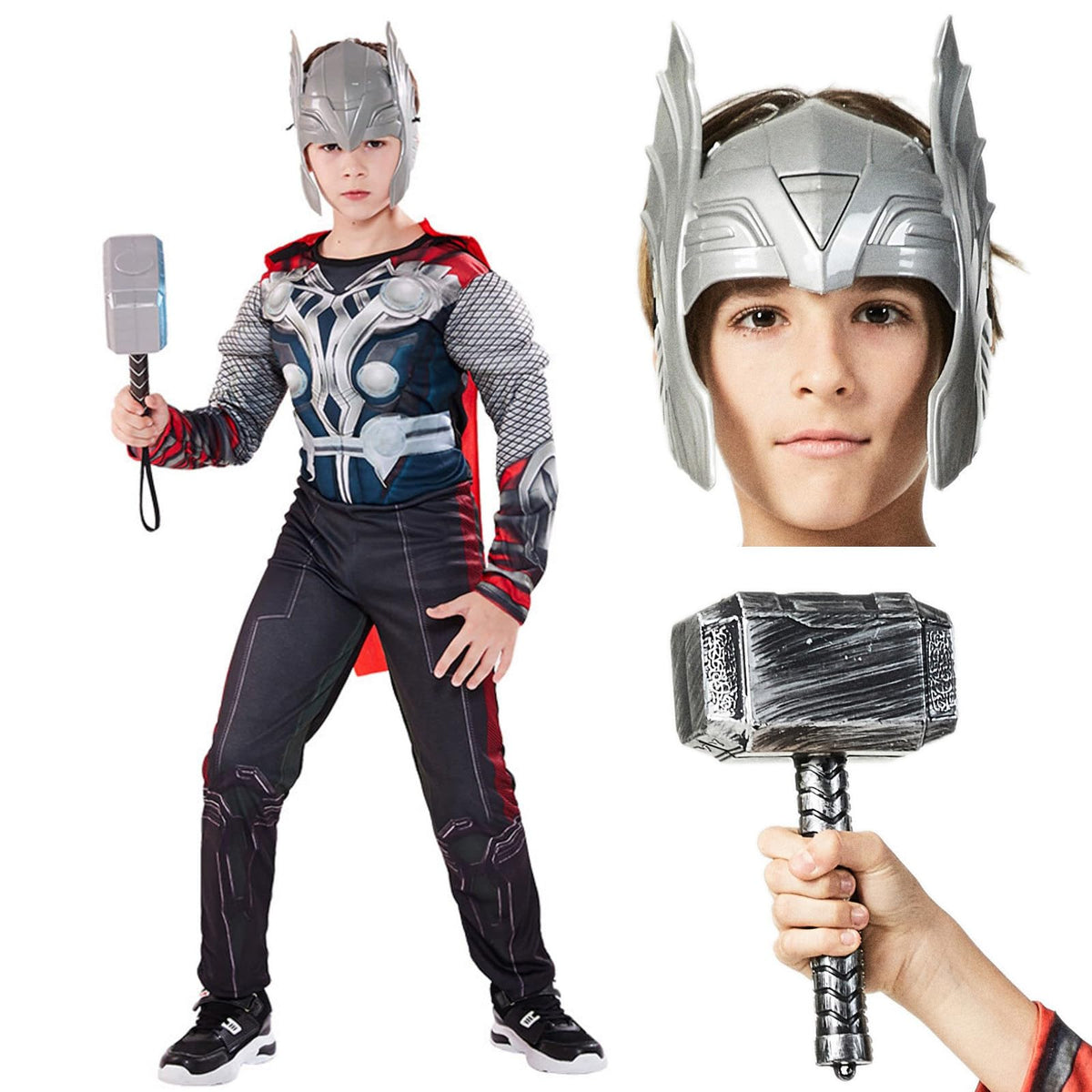 Varuotu Super Hero Costume Kids Muscle Suit Deluxe 4Pcs SuperHero Mask Jumpsuit Cape Hammer Halloween Costume Cosplay Props