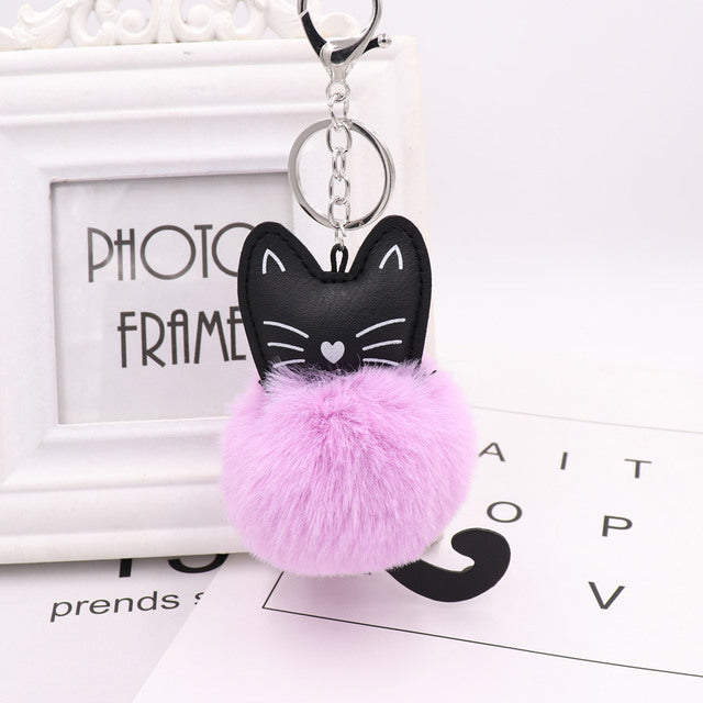 Cute Black Kitten Keychain with Rabbit Hairball Pendant