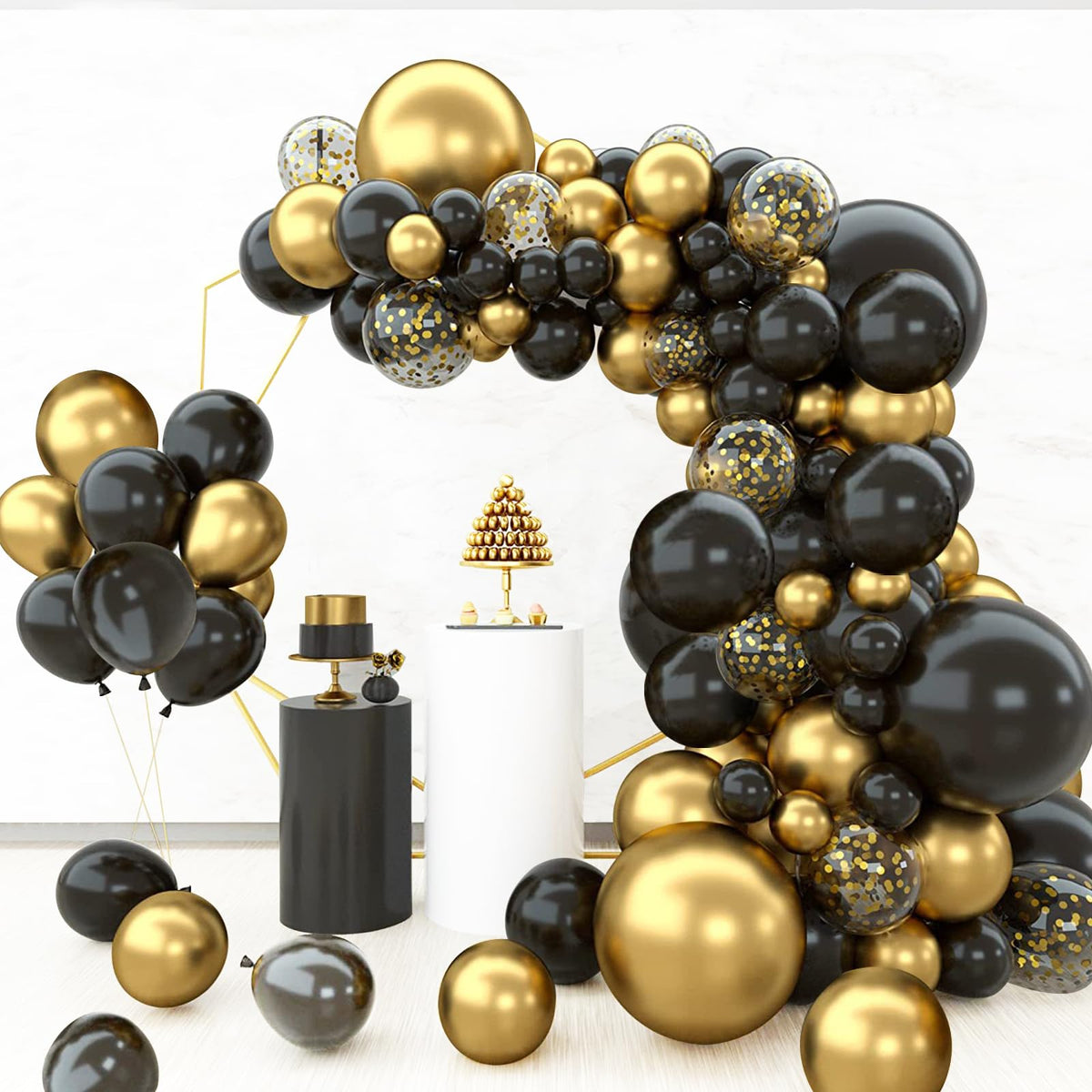 144pcs Black and Gold Balloons Arch Kit Black Gold Confetti Balloons for Birthday Graduation Retirement anniversary Party Decorations Balloon Garland Kit for New Years Eve Decor