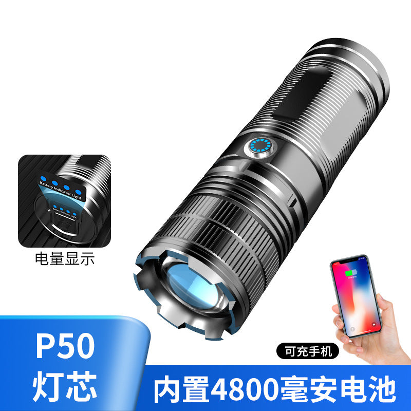 High-Power Rechargeable Flashlight with Zoom Function