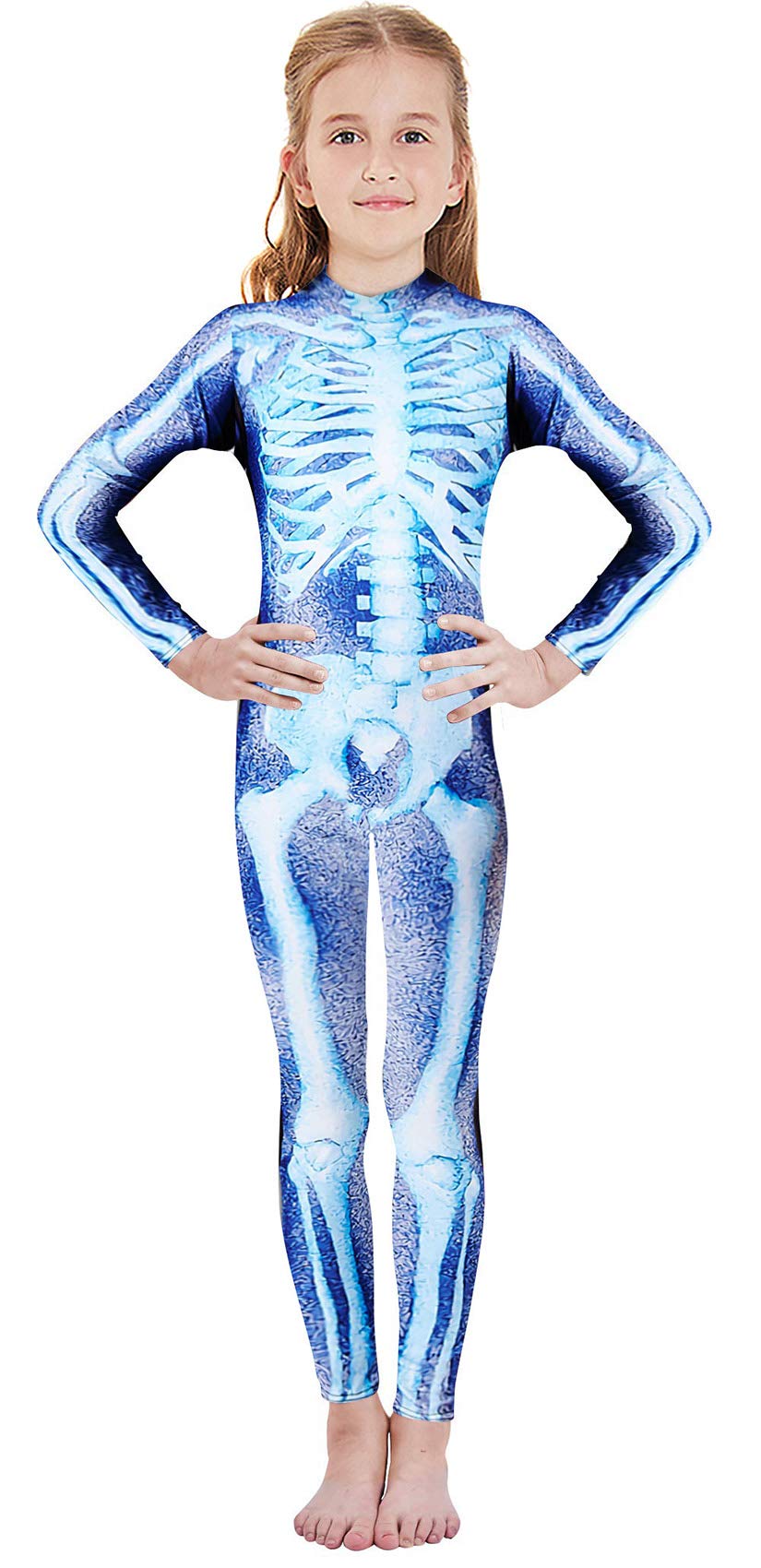 RAISEVERN Kids Halloween Skeleton Bodysuit Size 7-8 Cosplay Zombie Jumpsuit 3D Graphic Print Blue Skull Party Skinny Catsuit One Piece Romper For Girls Boys