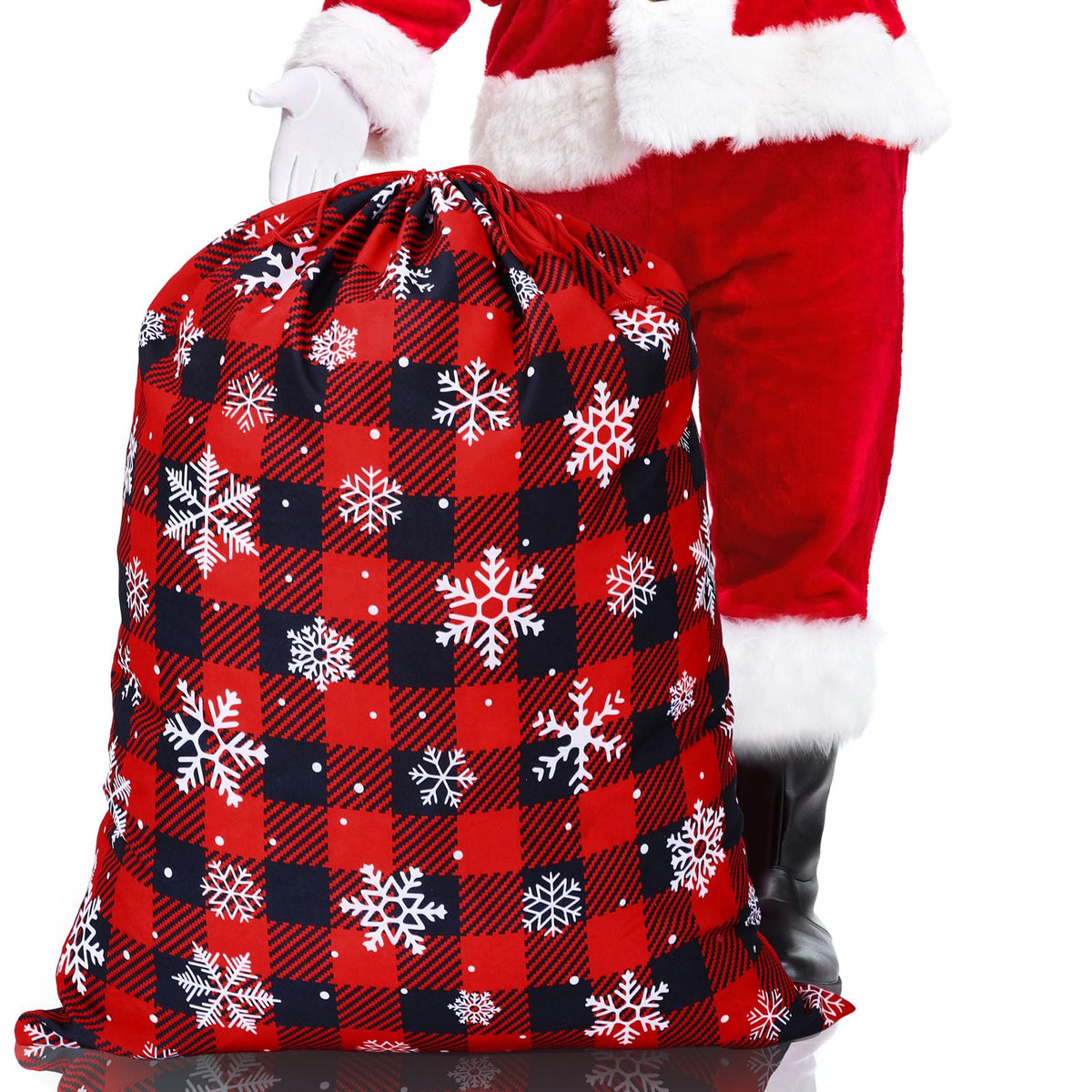 Hillban Extra Large Santa Gift Sack Xmas Present Sack with Drawstring 36" x 27" Santa Bag Merry Christmas Wrapping Bag for Gift Present Toy Candy Treat Storage Xmas(Red Black PlaidSnowflake)