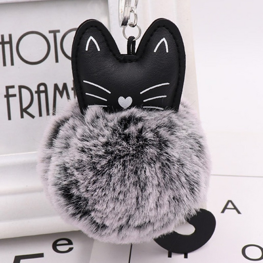 Cute Black Kitten Keychain with Rabbit Hairball Pendant