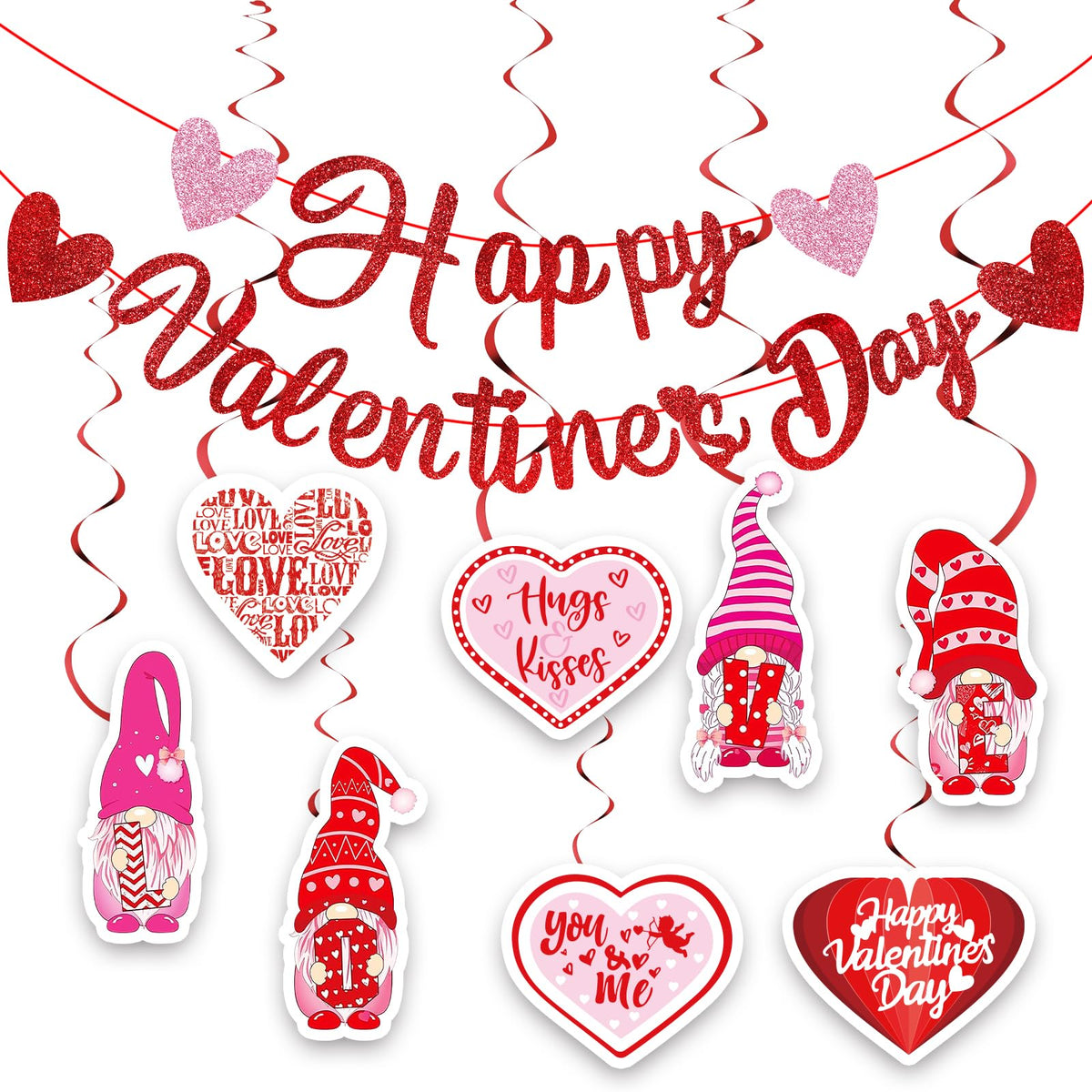 SKJIAYEE Happy Valentines Day Party Decorations Red Glittery Happy Valentines Day Banner and Valentines Hanging Heart Swirls Decorations for Valentines Wedding Anniversary Party Supplies