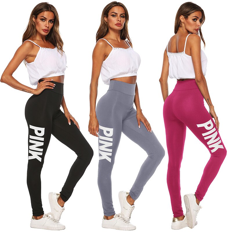 Pink Letter Print Stretchy Leggings for Women