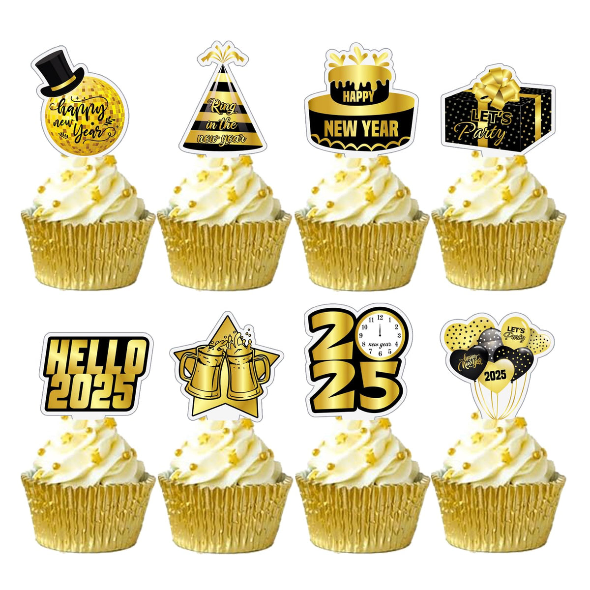 48 PCS 2025 Happy New Year Cupcake Toppers 2025 New Year Cupcake Topper for Cake Cupcake Decor 2025 New Years Eve Party Supplies