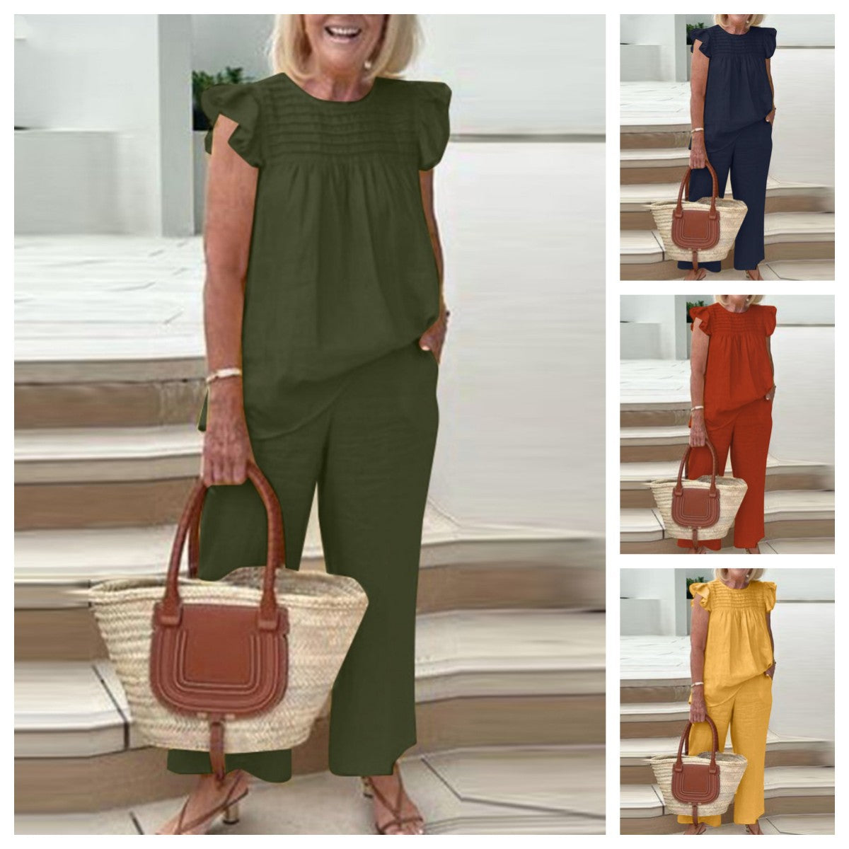 2023 Women's Casual Vintage Round Neck Shirt & Pants Set