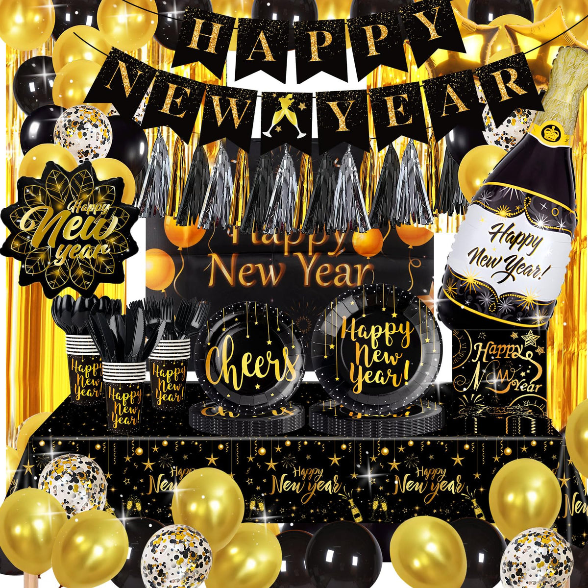 Happy New Year Eve Party Decorations for 25 GuestsHappy New Year Eve Party Supplies -BalloonsBannertasselstablecloth BackdropDisposable Paper Plate Cup Napkins Knife Fork Spoon
