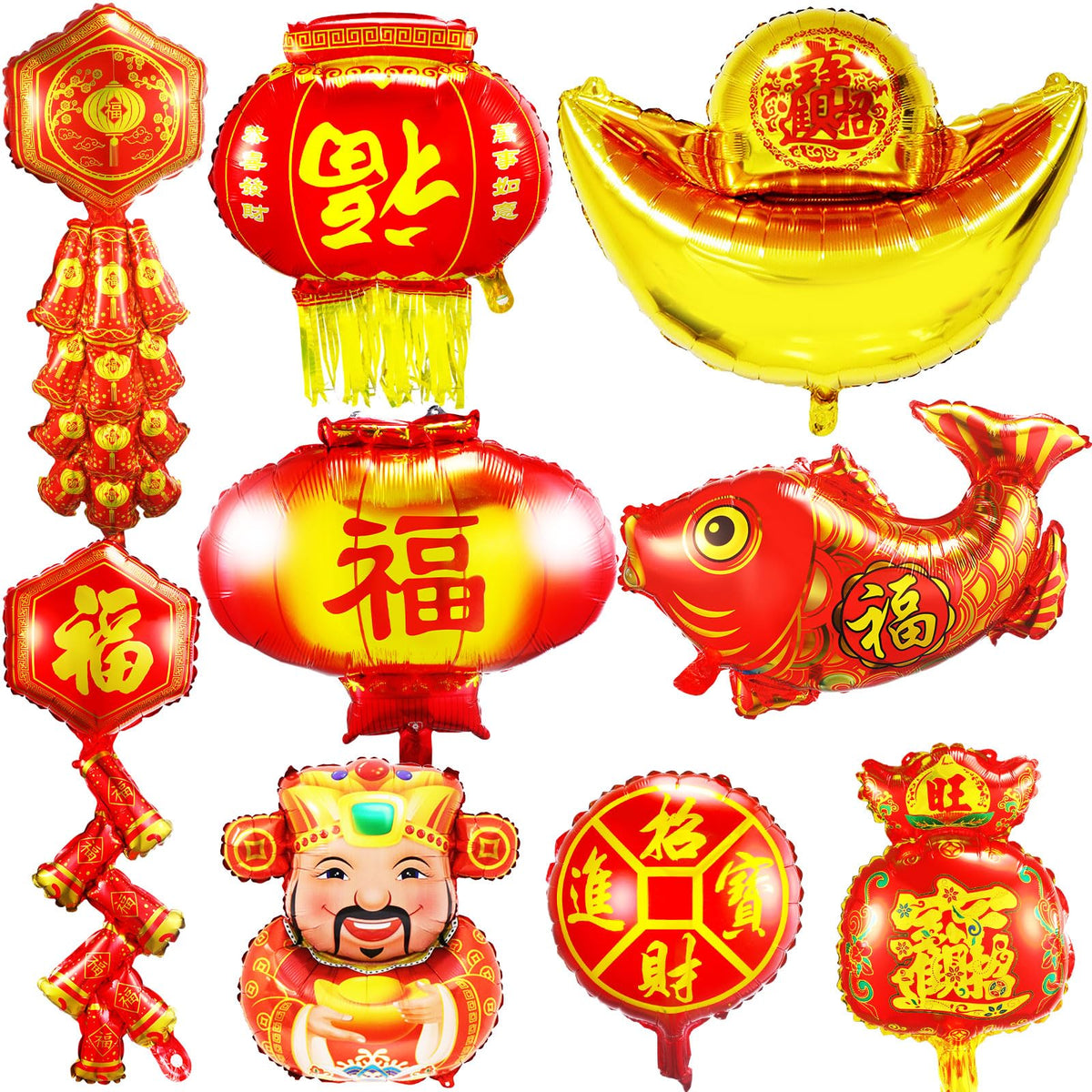 Silipull 9 Pieces Large Chinese New Year Foil Balloons 2025 Chinese Lunar New Year Decorations Firecracker Lantern Blessing Bag Balloon for Spring Festival Chinese New Year Party Decorations Supplies