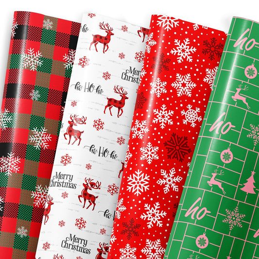 MotiGiftie Christmas Wrapping Paper for Kids Adults - Xmas Wrapping Paper with Red/Green Plaid Reindeer Snowflakes “Ho Ho” Xmas Trees - 20 x 28 Inches 12 Folded Sheets Easy to Store