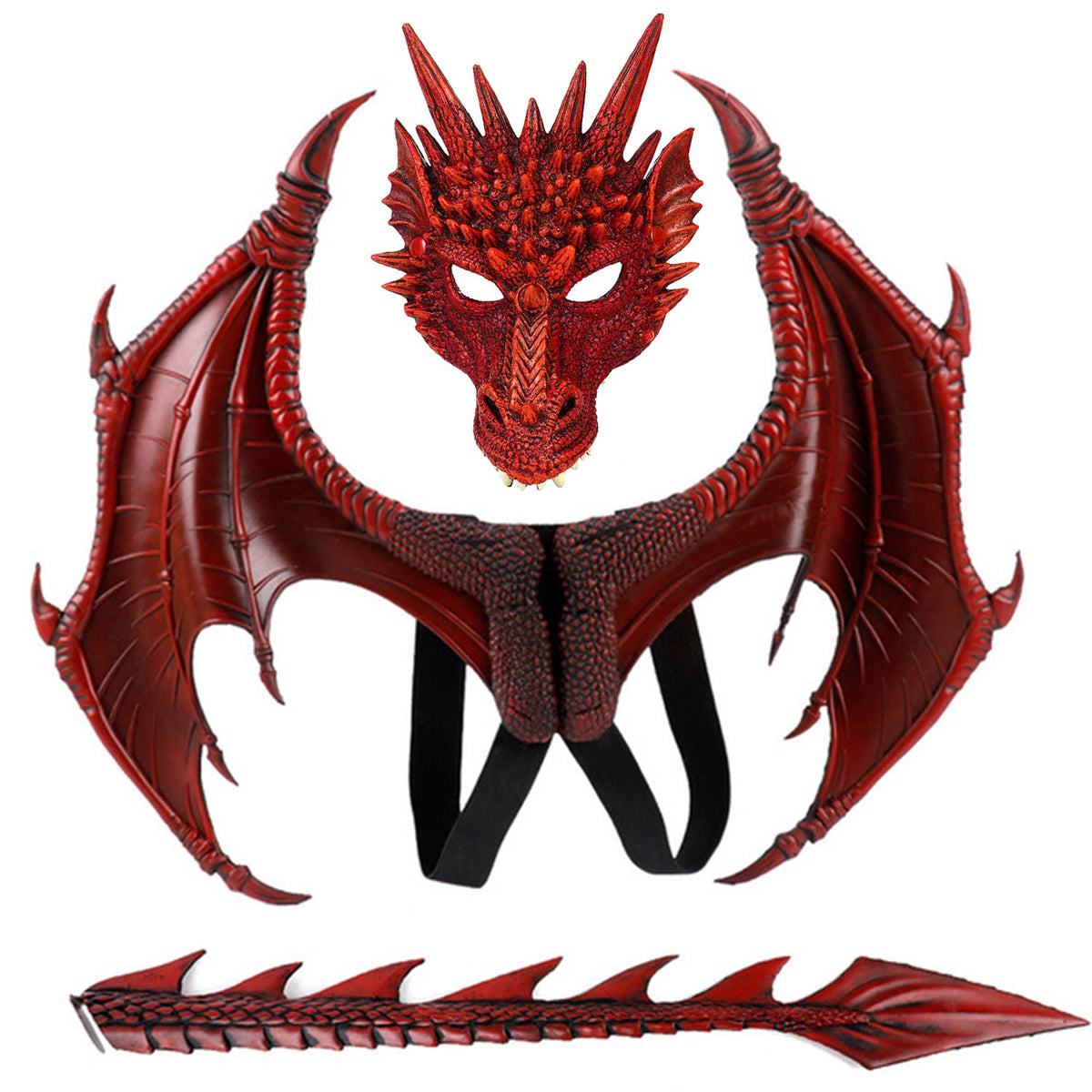 Alodidae Dragon Costumes Set Devil Wings Demon Tail Dino Mask for Halloween Masquerade Party Cosplay (Red)