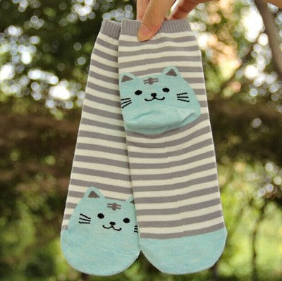 3D Cat Striped Cotton Socks - Cute Cat Design