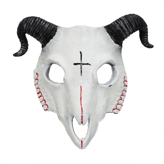 White Goat Head Skull Mask Ram Horns Animal Skull Costume Mask Horror Demon Devil Evil Mask Cosplay Halloween Mardi Gras Full Face Mask Creepy Party Decoration Prop