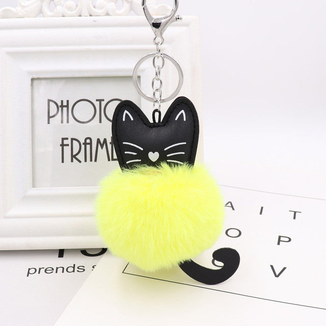 Cute Black Kitten Keychain with Rabbit Hairball Pendant