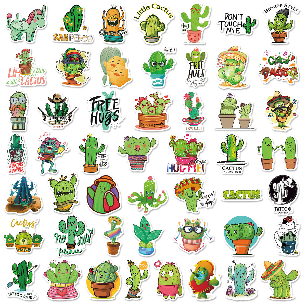 50 PCS Original Small Fresh Cactus Stickers Set