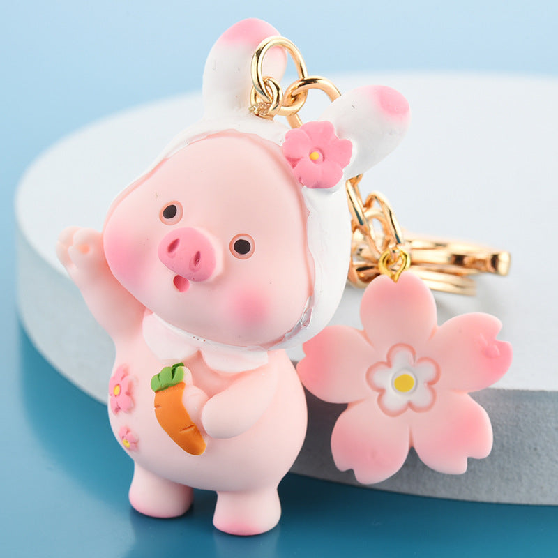 Pink Pig Flower Keychain