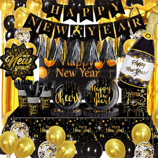Happy New Year Eve Party Decorations for 25 GuestsHappy New Year Eve Party Supplies -BalloonsBannertasselstablecloth BackdropDisposable Paper Plate Cup Napkins Knife Fork Spoon