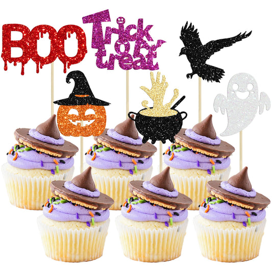 Gyufise 24Pcs Halloween Cupcake Toppers Glitter Spooky Boo Ghost Witch Spider Bat Cupcake Picks Pumpkin Rip Zombie Halloween Cake Decorations for Halloween Theme Birthday Party Supplies