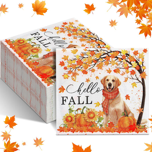 Geyoga 200 Pcs Fall Paper Napkins Thanksgiving Guest Napkins Hello Fall Disposable Napkins Maple Leaf Dog Cocktail Napkins Decorative Hand Towels for Thanksgiving Autumn Harvest Party Supplies