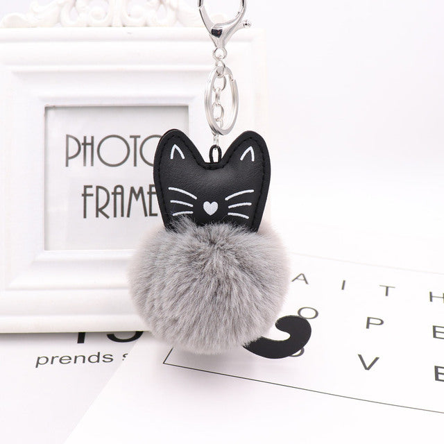 Cute Black Kitten Keychain with Rabbit Hairball Pendant