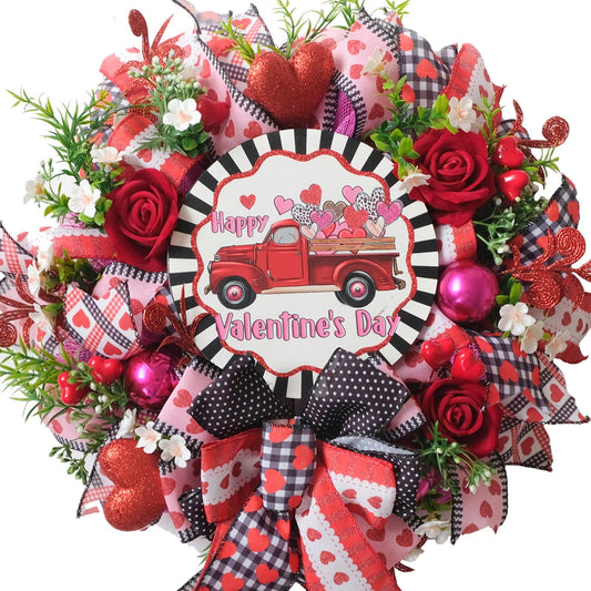 Egolot Valentine Red Heart Wreath for Front Door 16 Inch Valentine Roses Ribbon Mesh Wreath for Indoor Outdoor Red Valentine Door Wreath