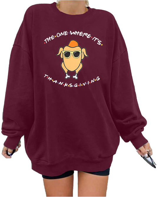 MNLYBABY Thanksgiving Sweatshirt Women Oversized Friends Thanksgiving Turkey Graphic Shirt Grateful Blessed Long Sleeve Tops Red