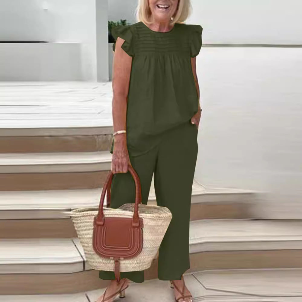 2023 Women's Casual Vintage Round Neck Shirt & Pants Set
