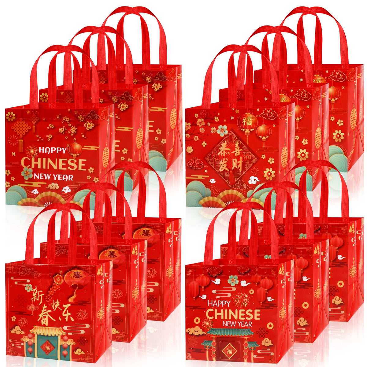 HOWAF 12pcs Chinese New Year Non-Woven Gift Bags with Handles Chinese New Year Decoration Goodie Bags for Spring Festival Party Supplies Lunar New Year Treat Bags Candy Bags