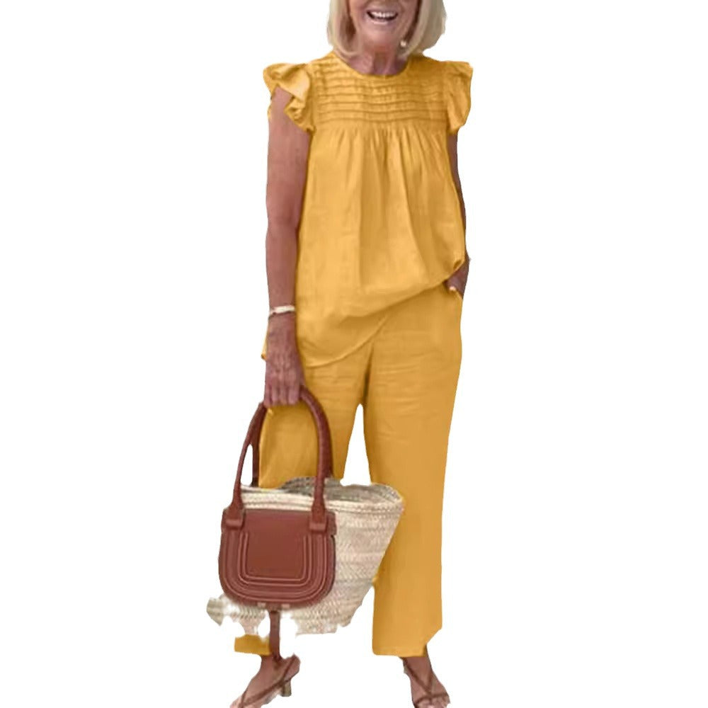 2023 Women's Casual Vintage Round Neck Shirt & Pants Set