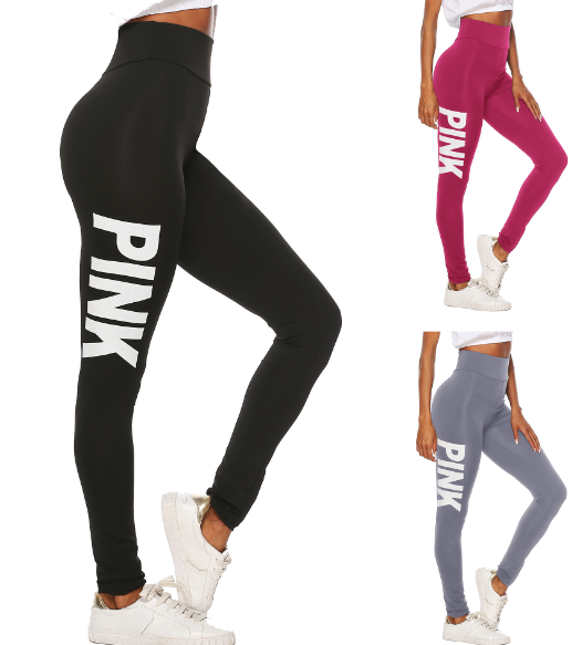 Pink Letter Print Stretchy Leggings for Women