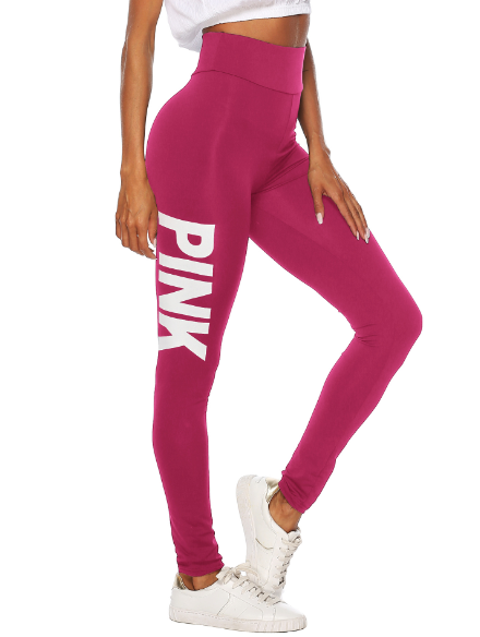 Pink Letter Print Stretchy Leggings for Women