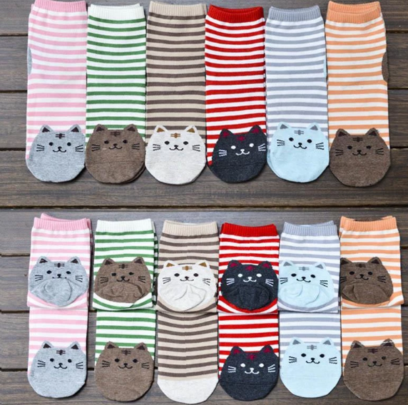 3D Cat Striped Cotton Socks - Cute Cat Design