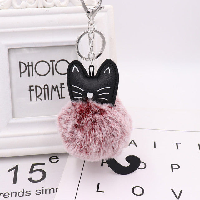 Cute Black Kitten Keychain with Rabbit Hairball Pendant