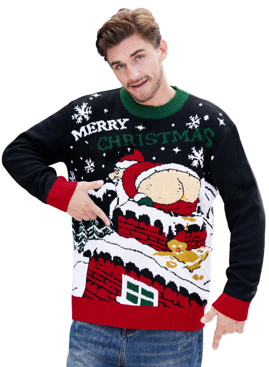 Mens Xmas Knitted Sweater Novelty Christmas Chimney Santa Jumper Multicolored Winter Xmas Gifts Pullovers 3XL