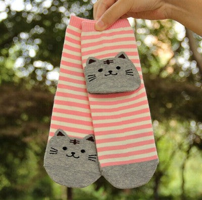 3D Cat Striped Cotton Socks - Cute Cat Design