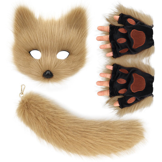 COSYEARS Cat Fox Mask Tail and Paws Gloves Set Furry Animal Therian Kit Masquerade Halloween Cosplay Costume Accessory