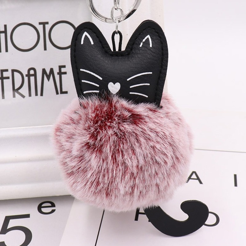 Cute Black Kitten Keychain with Rabbit Hairball Pendant