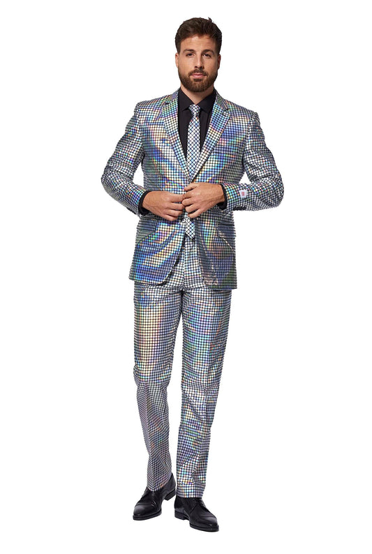 Opposuits Mens Silver Suit - New Years Eve Party Costume - Holographic Checkered Silver - Includes Matching Jacket Pants & Tie