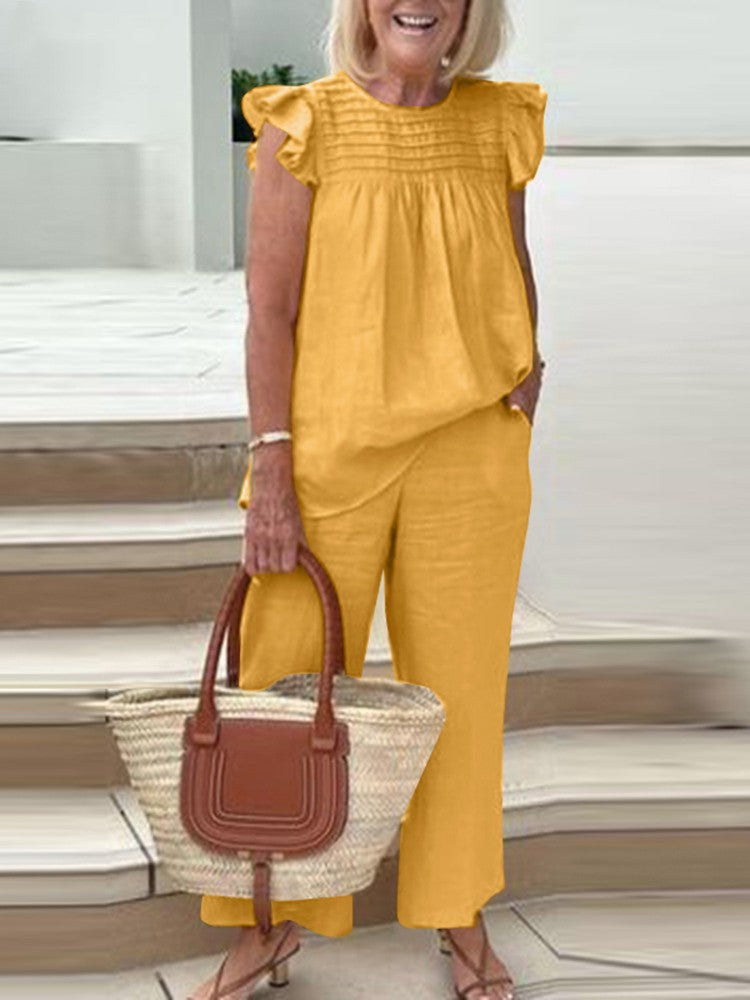 2023 Women's Casual Vintage Round Neck Shirt & Pants Set