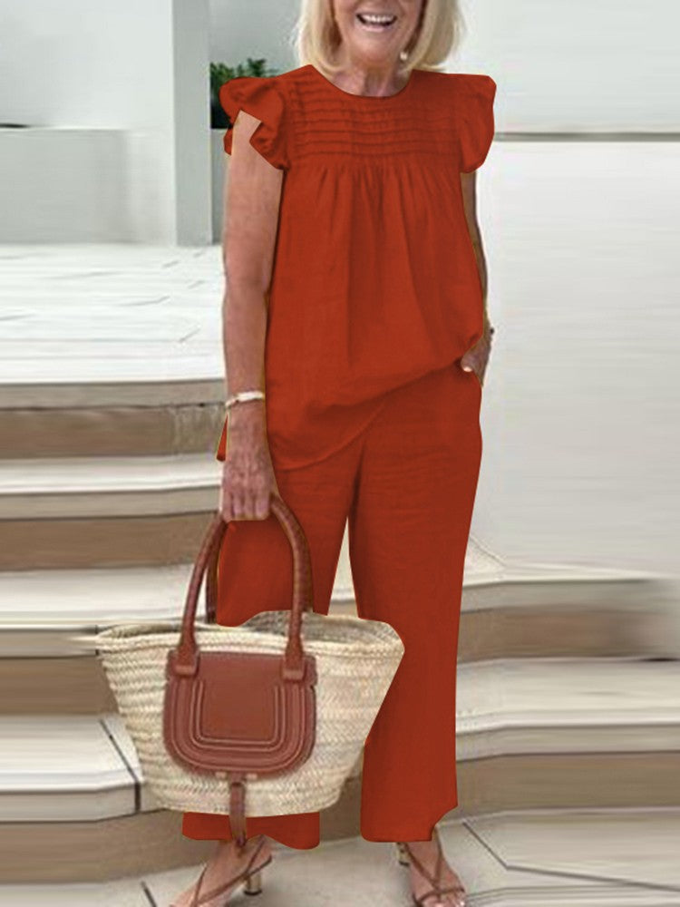 2023 Women's Casual Vintage Round Neck Shirt & Pants Set