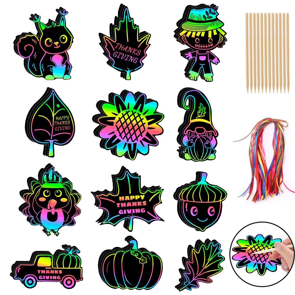 JULMELON 36Pcs Thanksgiving Arts and Crafts for Kids Fall Leaves Pumpkin Turkey Magic Rainbow Scratch Paper Art for Kids School Classroom Activity Autumn Harvest Thanksgiving Party Favors Gifts
