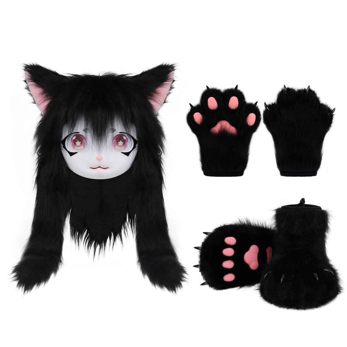 COSYEARS Cat Paw Mittens Gloves Furry Shoes Fursuit Animal Head Mask Halloween Masquerade Cosplay Costume Accessories Set