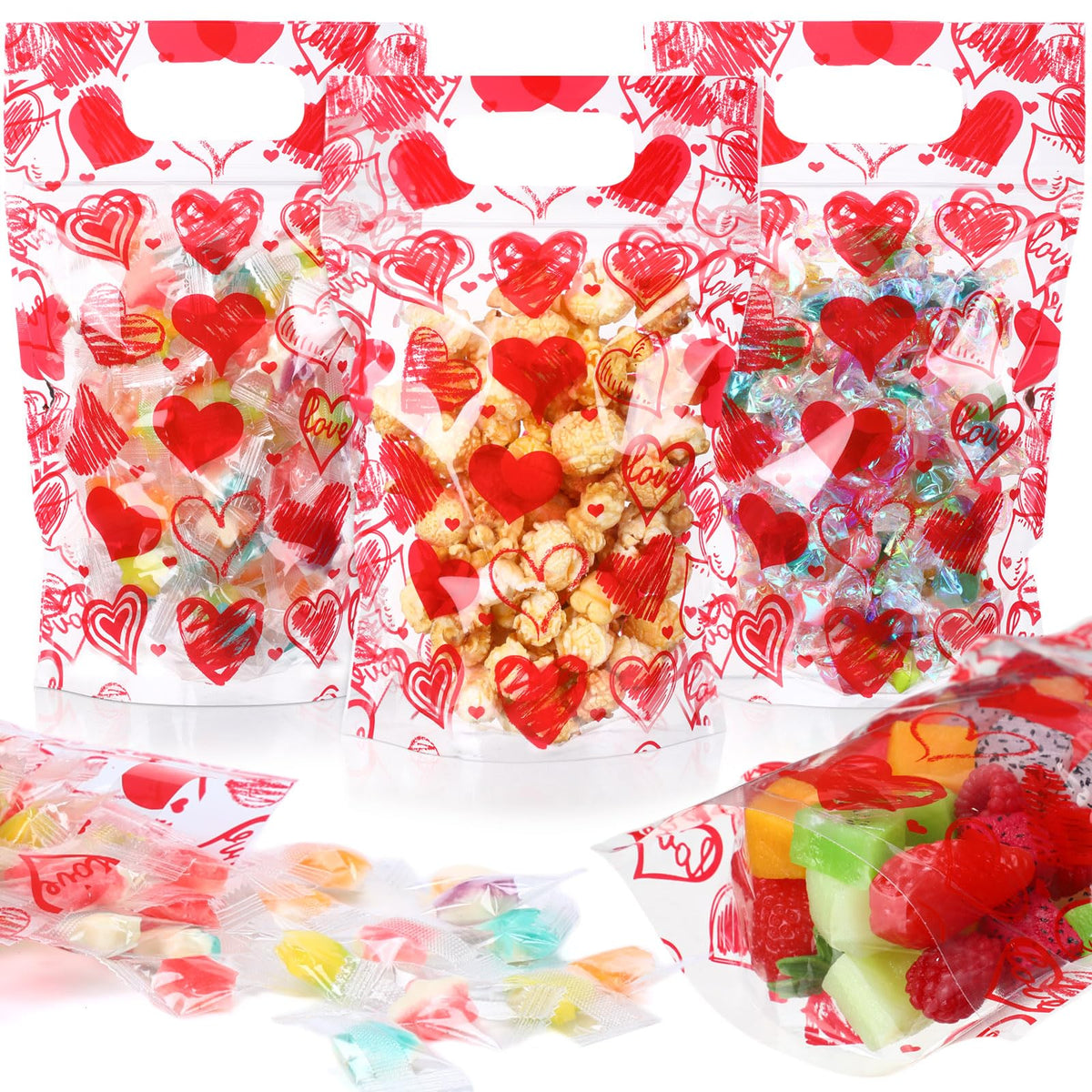 Blosssound 50 Pcs Valentines Day Gift Bags Resealable Valentines Love Plastic Bags Valentines Party Favor Bags with Handle for Valentines Wedding Party Candy Gift Wrapping Supplies Decor (Love)